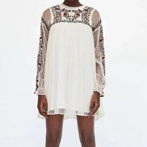 ZARA Bohemian Embroidered Cream Mesh Dress With Floral Design & Pom-Pom Details